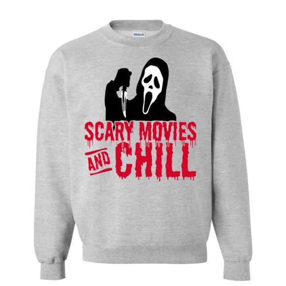 Gildan Sweaters - Scary Movies and Chill Sweater, Light Grey Scary Movie Scream Sweater, Halloween